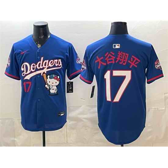 Men Los Angeles Dodgers  17 Shohei Ohtani Royal Hello Kitty Night 2025 World Series Champions Patch Stitched Baseball Jersey II