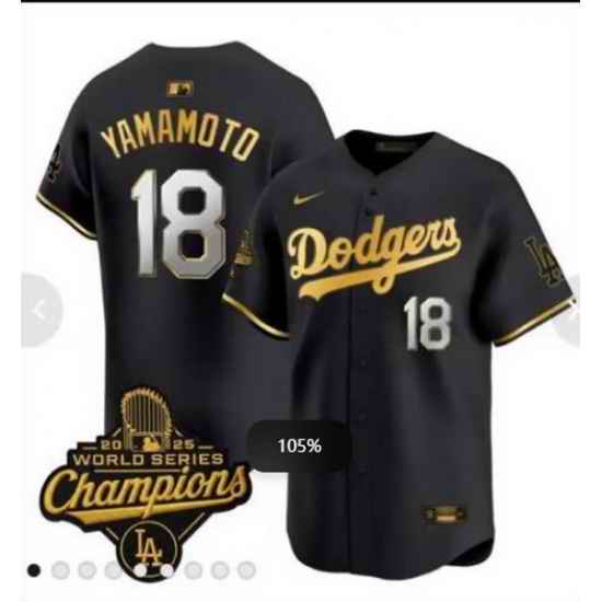 Men Los Angeles Dodgers 18 Yoshinobu Yamamoto Black 2025 World Series Champions Patch Cool Base Stitched Baseball Jersey