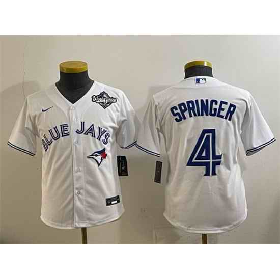 Youth Toronto Blue Jays 4 George Springer White 2025 World Series Cool Base Stitched Baseball Jersey