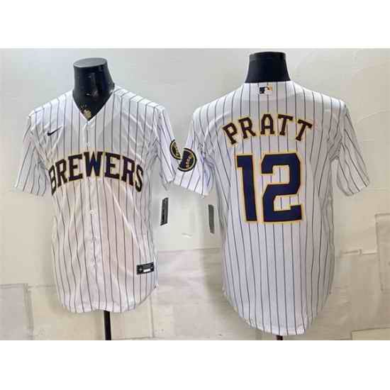Men Milwaukee Brewers 12 Cooper Pratt White Stitched Baseball Jersey