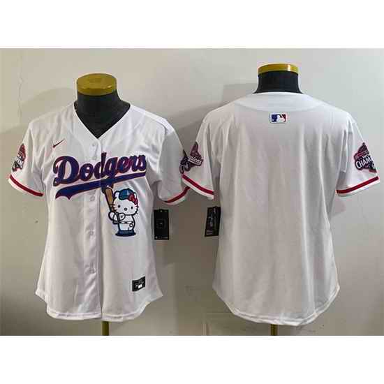 Women Los Angeles Dodgers Blank White Hello Kitty Night 2025 World Series Champions Patch Stitched Baseball Jersey