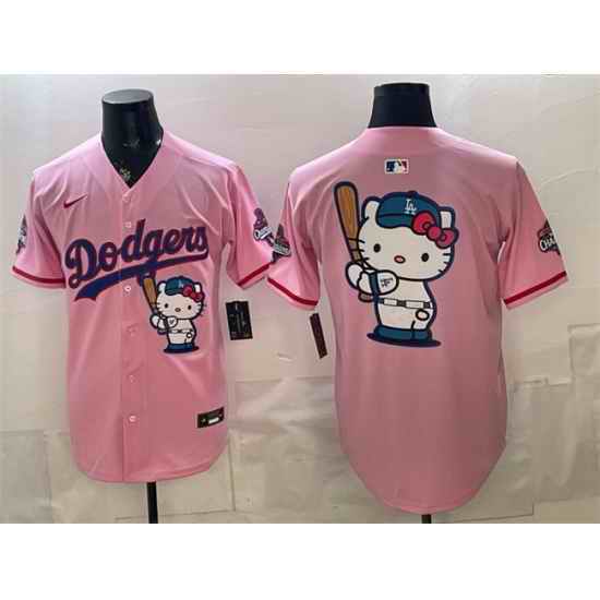 Men Los Angeles Dodgers Team Big Logo Pink Hello Kitty Night 2025 World Series Champions Patch Stitched Baseball Jersey