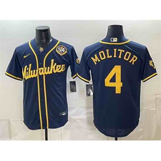 Men Milwaukee Brewers 4 Paul Molitor Navy With Home  Bob Uecker Patch Limited Stitched Baseball Jersey
