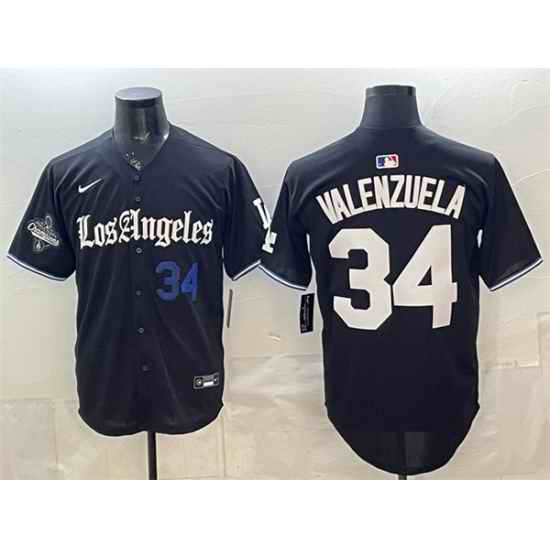 Men Los Angeles Dodgers  34 Fernando Valenzuela Black 2025 World Series Champions Patch  Gothic Edition  Vapor Premier Limited Stitched Baseball Jersey
