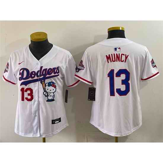 Women Los Angeles Dodgers  13 Max Muncy White Hello Kitty Night 2025 World Series Champions Patch Stitched Baseball Jersey