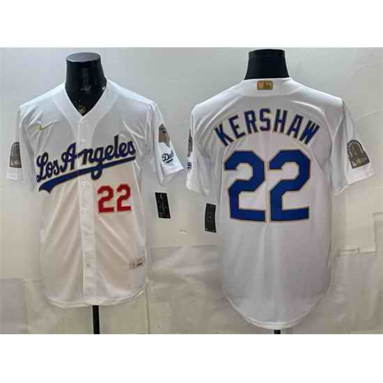 Men Los Angeles Dodgers  22 Clayton Kershaw White 2026 Gold Collection 9x   B2B Champs Patch Stitched Baseball Jersey