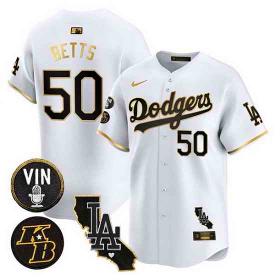 Men Los Angeles Dodgers 50 Mookie Betts White Gold 2025 Vin  26 Kobe Patch Vapor Limited V2 Stitched Baseball Jersey