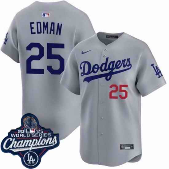 Men Los Angeles Dodgers 25 Tommy Edman Cool Base 2025 World Champions Stitched Baseball Jersey Gray