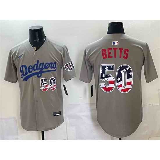 Men Los Angeles Dodgers  50 Mookie Betts Grey 250 Fourth of July Road Stitched Baseball Jersey