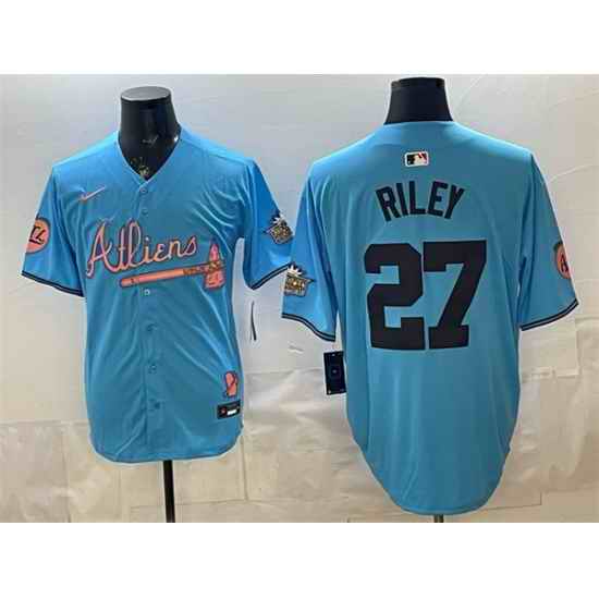 Men Atlanta Braves  27 Austin Riley Blue 2024 Atliens   Peach With Outkast Patch Vapor Limited Stitched Baseball Jersey