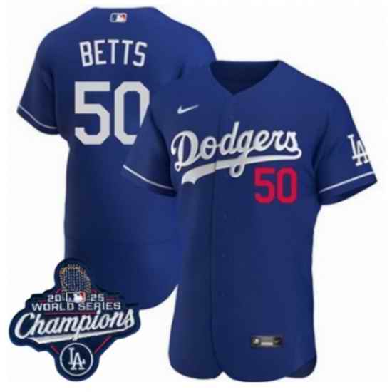 Toddler Los Angeles Dodgers 50 Mookie Betts Cool Base 2025 World Champions Stitched Baseball Jersey Blue