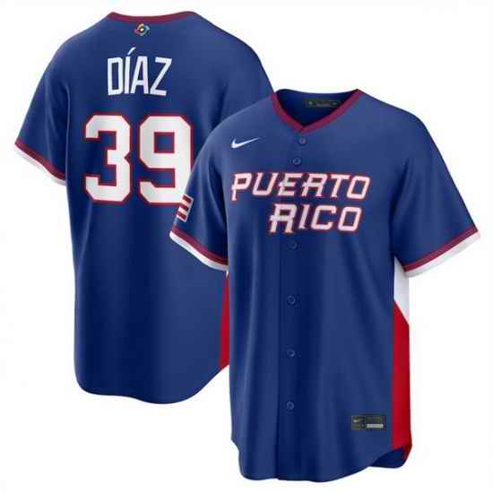 Men Puerto Rico Baseball  39 Edwin D%C3%ADaz Blue 2026 World Baseball Classic Road Stadium Stitched Jersey