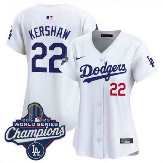 Women Los Angeles Dodgers 22 Clayton Kershaw White 2025 World Series Champions Home Cool Base Stitched Baseball Jersey