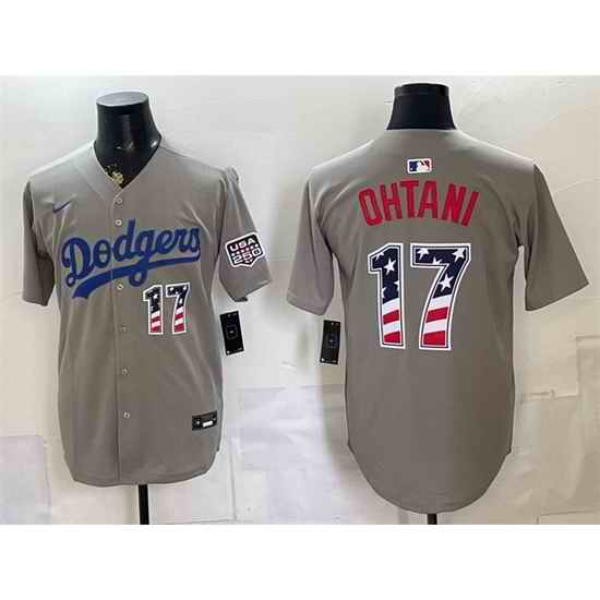 Men Los Angeles Dodgers  17 Shohei Ohtani Grey 250 Fourth of July Road Stitched Baseball Jersey