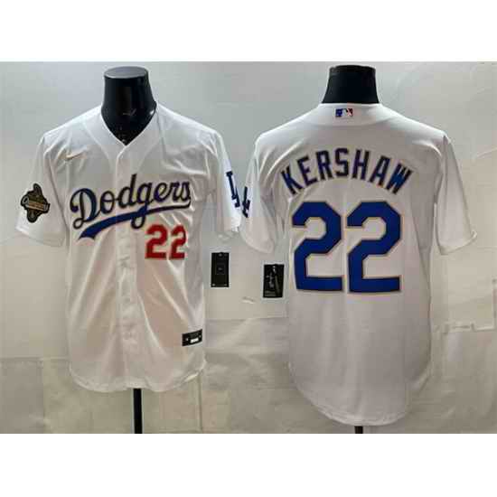 Men Los Angeles Dodgers 22 Clayton Kershaw White 2025 World Series Champions Patch Stitched Baseball Jersey