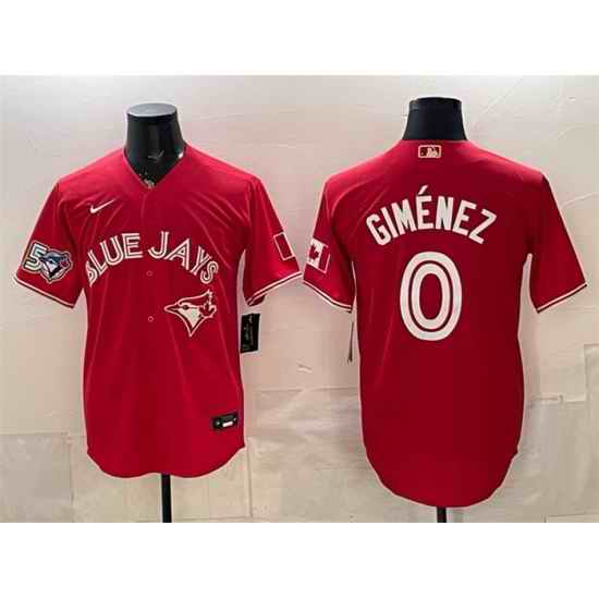 Men Toronto Blue Jays  0 Andres Gimenez Red 50 Seasons Patch Stitched Baseball Jersey