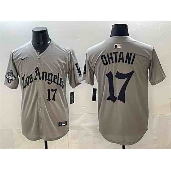 Men Los Angeles Dodgers 17 Shohei Ohtani Grey LA Gothic Style With 2025 World Series Champions Patch Limited Stitched Baseball Jersey