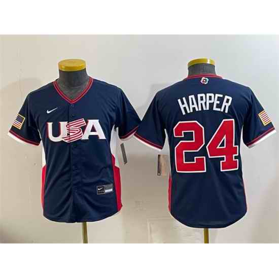 Youth USA Baseball  24 Bryce Harper Navy 2026 World Baseball Classic Stadium Stitched Baseball Jersey