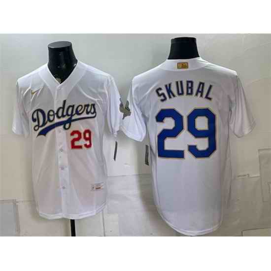 Men Los Angeles Dodgers  29 Tarik Skubal White 2026 Gold Collection Stadium Stitched Baseball Jersey