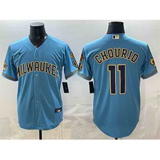 Men Milwaukee Brewers  11 Jackson Chourio Blue With Home   Bob Uecker Patch Stitched Baseball Jersey
