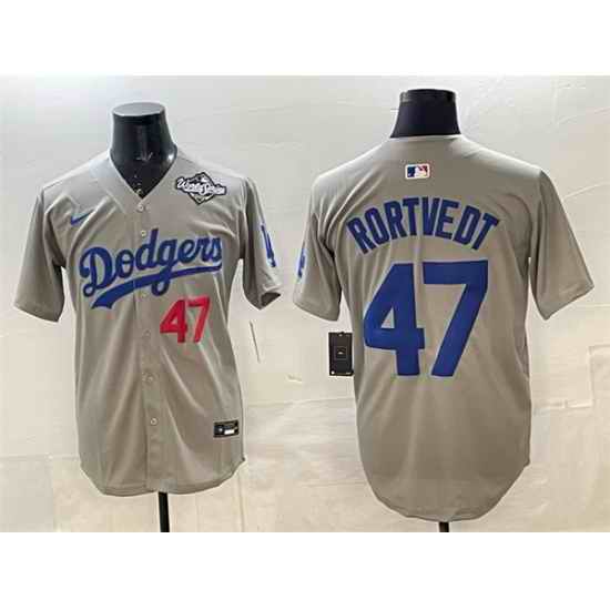 Men Los Angeles Dodgers 47 Ben Rortvedt Grey 2025 World Series Patch Limited Stitched Baseball Jersey