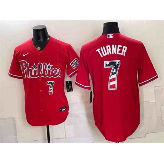 Men Philadelphia Phillies  7 Trea Turner Red USA 250 Fourth of July Home Stitched Baseball Jersey