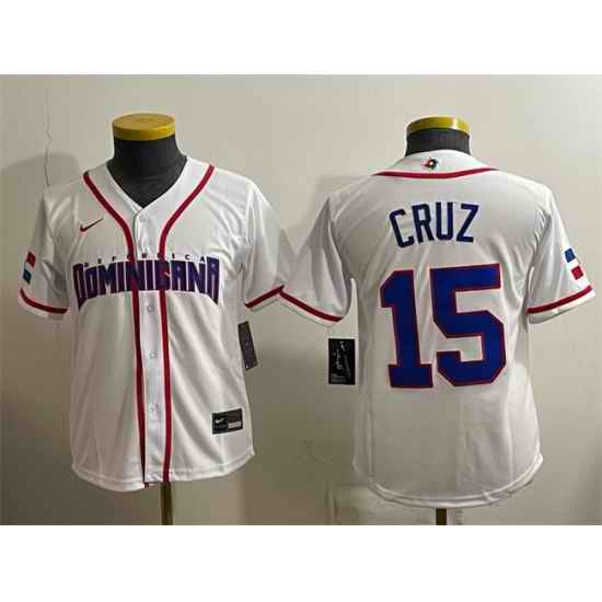 Youth Dominican Republic Baseball  15 Oneil Cruz White 2026 World Baseball Classic Home Stadium Stitched Baseball Jersey