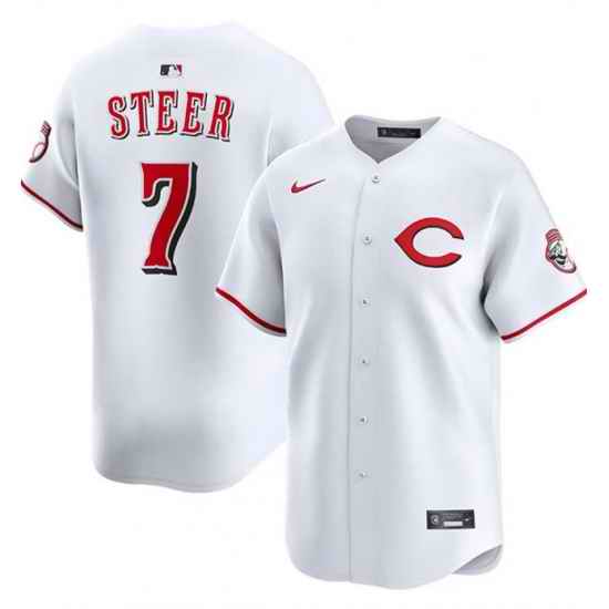 Men Cincinnati Reds 7 Spencer Steer White 2025 Home Limited Stitched Baseball Jersey