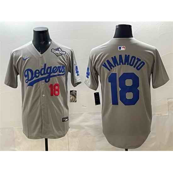Men Los Angeles Dodgers 18 Yoshinobu Yamamoto Grey 2025 World Series Patch Limited Stitched Baseball Jersey