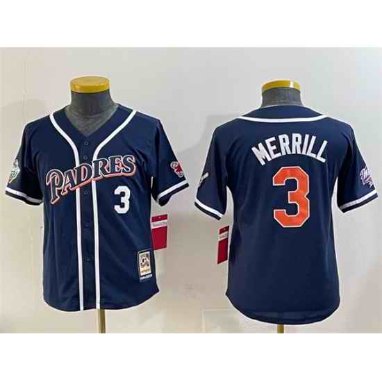 Youth San Diego Padres 3 Jackson Merrill Navy Throwback With Patch Stitched Baseball Jersey
