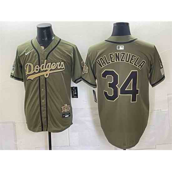Men Los Angeles Dodgers  34 Fernando Valenzuela Olive 2026 Armed Forces Day Stitched Baseball Jersey