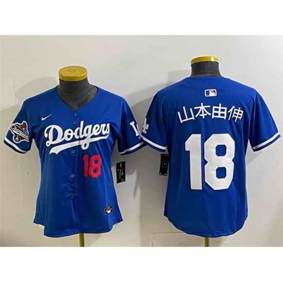 Women Los Angeles Dodgers 18  Yoshinobu Yamamoto Royal 2025 World Series Champions Patch Limited Stitched Baseball Jersey