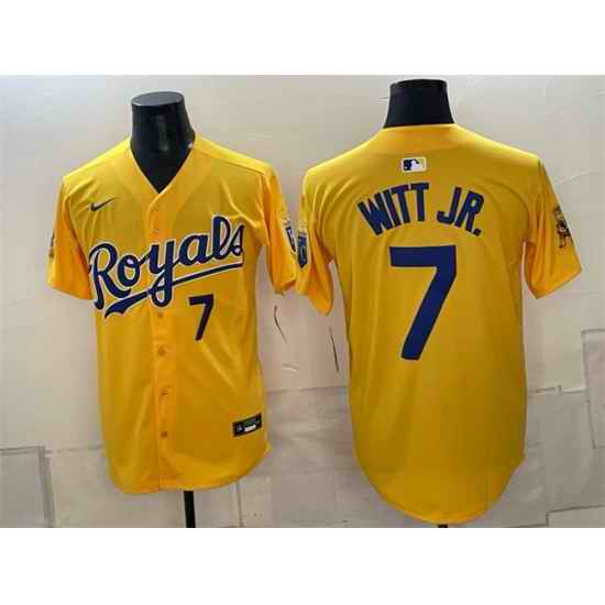 Men Kansas City Royals  7 Bobby Witt Jr  Gold Sluggerrr Patch Vapor Limited Stitched Baseball Jersey