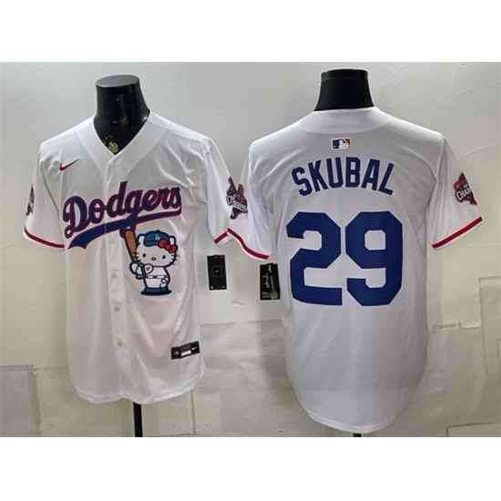 Men Los Angeles Dodgers  29 Tarik Skubal White Hello Kitty Night 2025 World Series Champions Patch Stitched Baseball Jersey