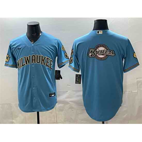 Men Milwaukee Brewers Team Big Logo Blue With Home   Bob Uecker Patch Stitched Baseball Jersey