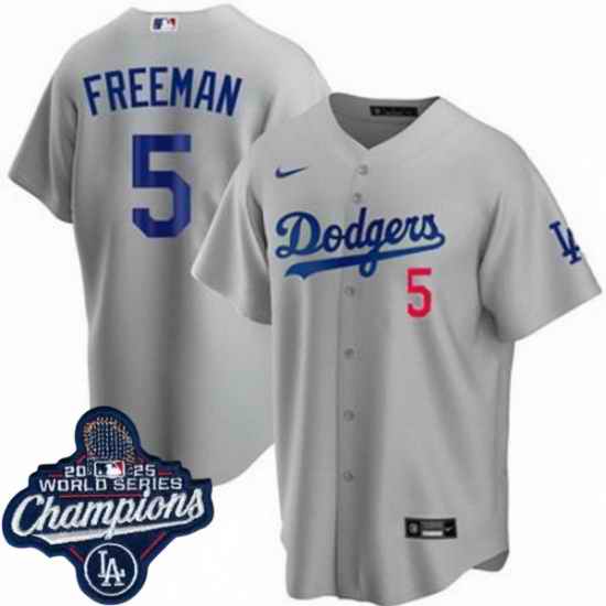 Men Los Angeles Dodgers 5 Freddie Freeman Cool Base 2025 World Champions Stitched Baseball Jersey Gray