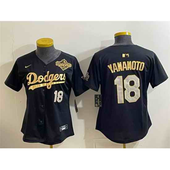Women Los Angeles Dodgers 18 Yoshinobu Yamamoto Black Gold 2025 World Series Patch Limited Stitched Baseball Jersey