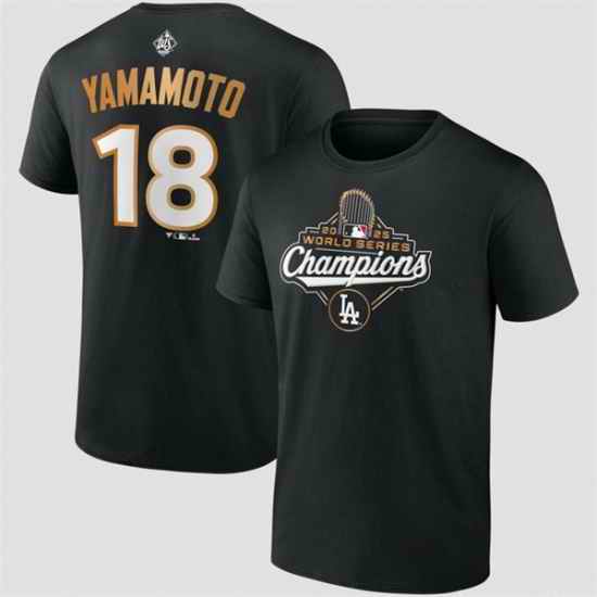 Men Los Angeles Dodgers 18 Yoshinobu Yamamoto Black 2025 World Series Champions Name  26 Number T Shirt
