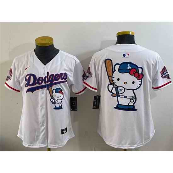 Women Los Angeles Dodgers Team Big Logo White Hello Kitty Night 2025 World Series Champions Patch Stitched Baseball Jersey