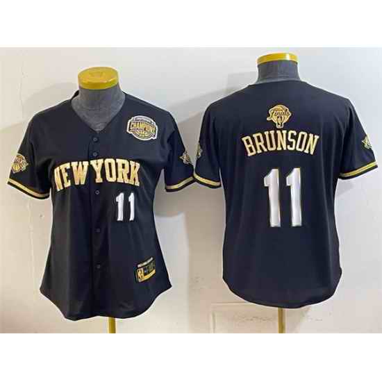 Women New York Knicks 11 Jalen Brunson Black Gold 2026 Finals  Eastern Conference Champions Patch Stitched Baseball Jersey