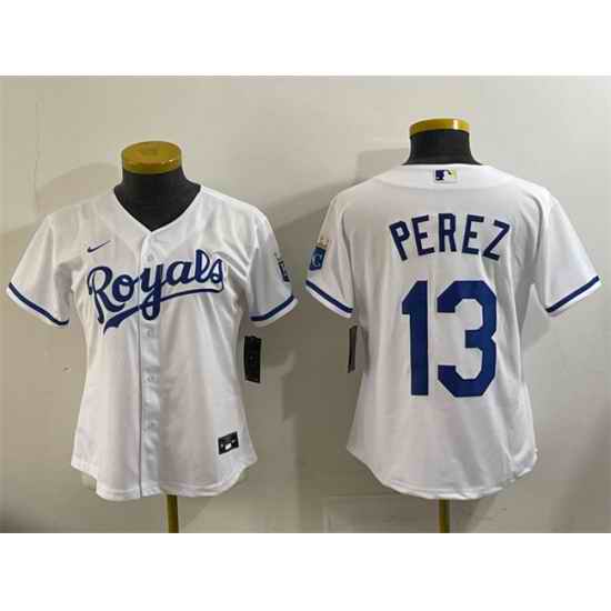 Women Kansas City Royals 13 Salvador Perez White Cool Base Stitched Jersey