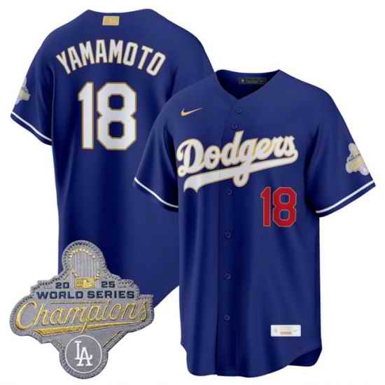 Men Los Angeles Dodgers  18 Yoshinobu Yamamoto Royal 2026 Alternate Gold Collection Stadium Stitched Baseball Jersey