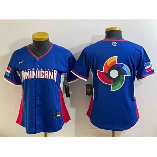 Women Dominican Republic Baseball Royal 2026 World Baseball Classic Big Logo Road Stadium Stitched Baseball Jersey Run Small