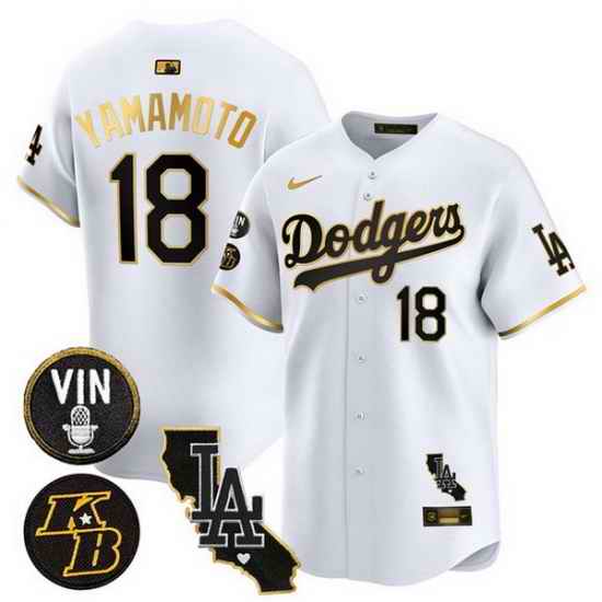 Men Los Angeles Dodgers 18 Yoshinobu Yamamoto White Gold 2025 Vin  26 Kobe Patch Vapor Limited V2 Stitched Baseball Jersey
