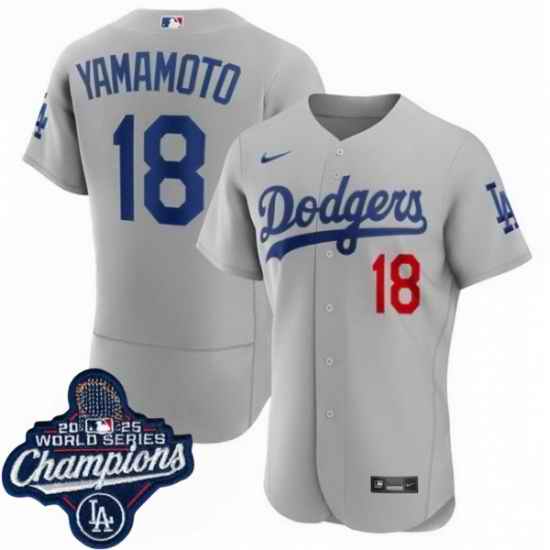 Men Los Angeles Dodgers 18 Yoshinobu Yamamoto Cool Base 2025 World Champions Stitched Baseball Jersey Gray