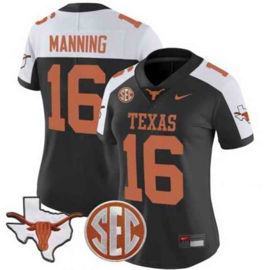 Women Texas Longhorns 16 Arch Manning Black White Map  26 SEC Patch Stitched Football Jersey