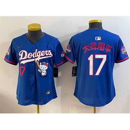 Women Los Angeles Dodgers  17 Shohei Ohtani Royal Hello Kitty Night 2025 World Series Champions Patch Stitched Baseball Jersey