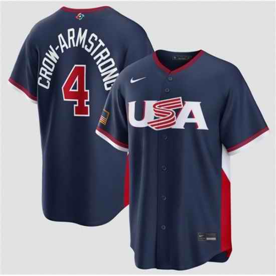 Men USA Baseball  4 Pete Crow Armstrong Navy 2026 World Baseball Classic Road Stadium Stitched Jersey