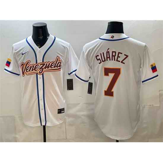 Men Venezuela Baseball  7 Eugenio Suarez White 2026 World Baseball Classic Home Stadium Stitched Jersey