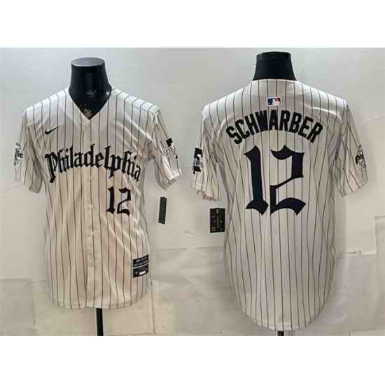 Men Philadelphia Phillies  12 Kyle Schwarber Cream Pinstripe Gothic Vapor Limited Stitched Jersey